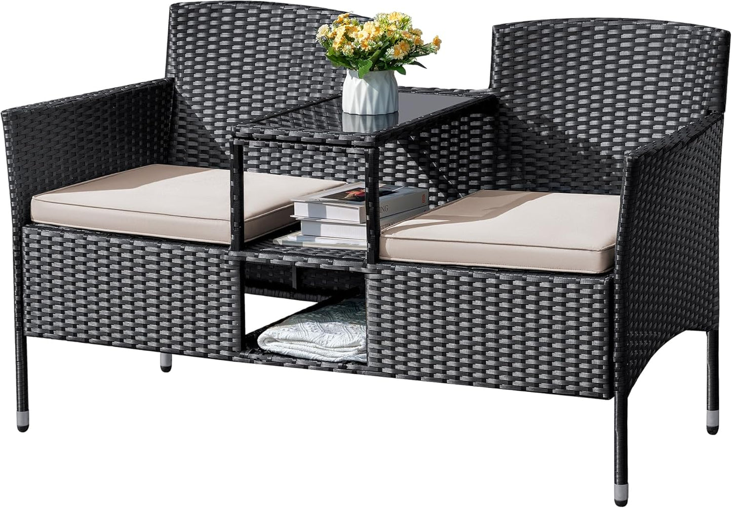 Flamaker Outdoor Furniture Patio Loveseat Wicker 2-Seat with Built-in Table and Cushions Rattan Porch Chairs Bench for Balcony, Lawn, Backyard (Beige)