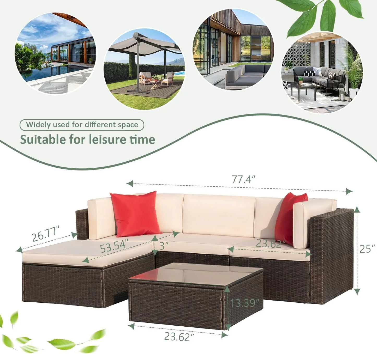 Devoko 5 Pieces Patio Furniture Sets All Weather Outdoor Sectional Patio Sofa Manual Weaving Wicker Rattan Patio Seating Sofas with Cushion and Glass Table(Beige)