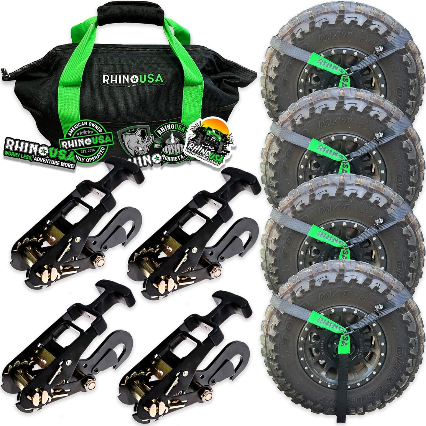 Car Tie Down Straps for Trailers with Flat Hooks (4-Pack) - 2 Inch x 8 Feet (10,000lb Break Strength) - Heavy Duty T-Handle Car Lasso Tire Straps for Trailer & UTV - Black