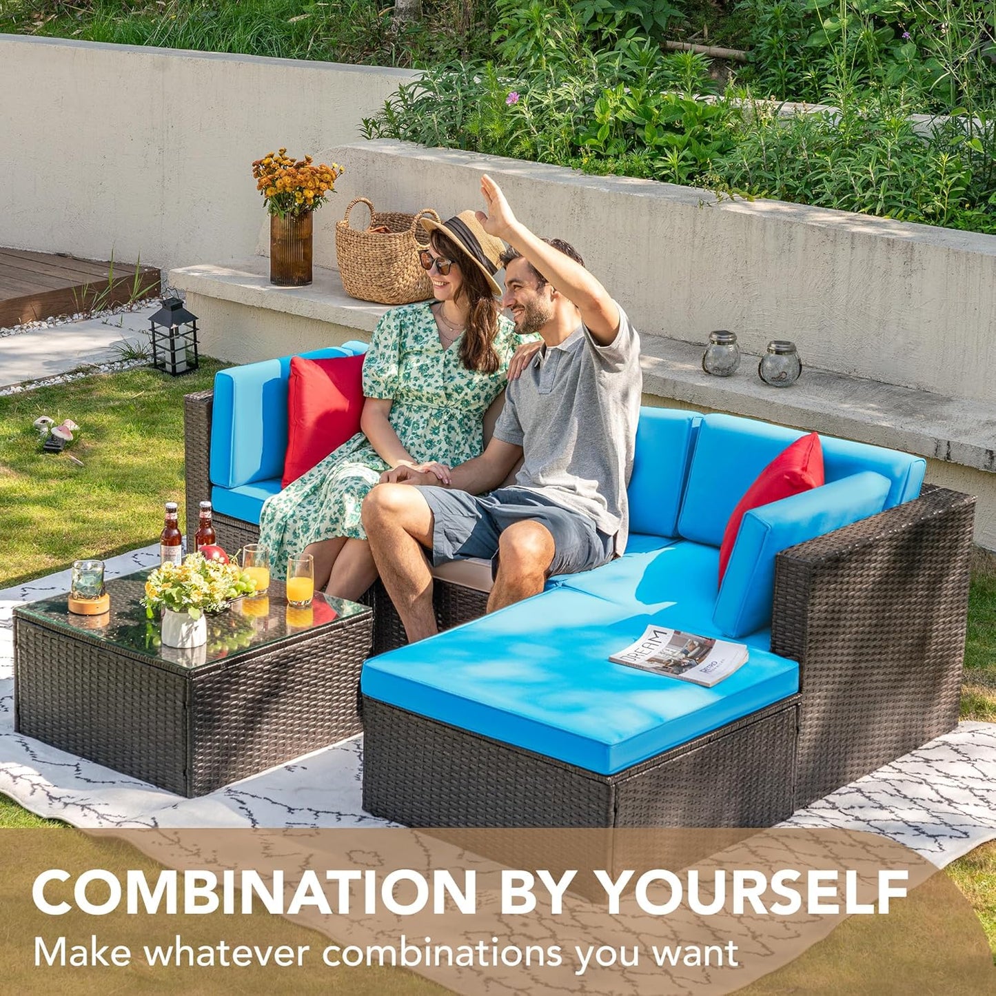 Devoko 5 Pieces Patio Furniture Sets All Weather Outdoor Sectional Patio Sofa Manual Weaving Wicker Rattan Patio Seating Sofas with Cushion and Glass Table(Beige)