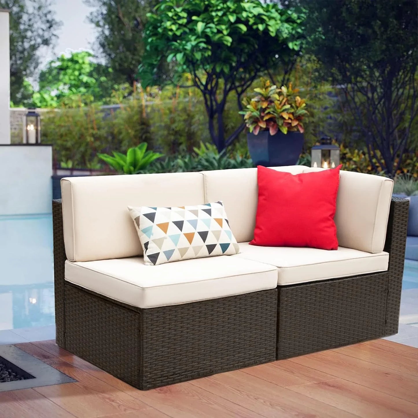 Devoko 5 Pieces Patio Furniture Sets All Weather Outdoor Sectional Patio Sofa Manual Weaving Wicker Rattan Patio Seating Sofas with Cushion and Glass Table(Beige)